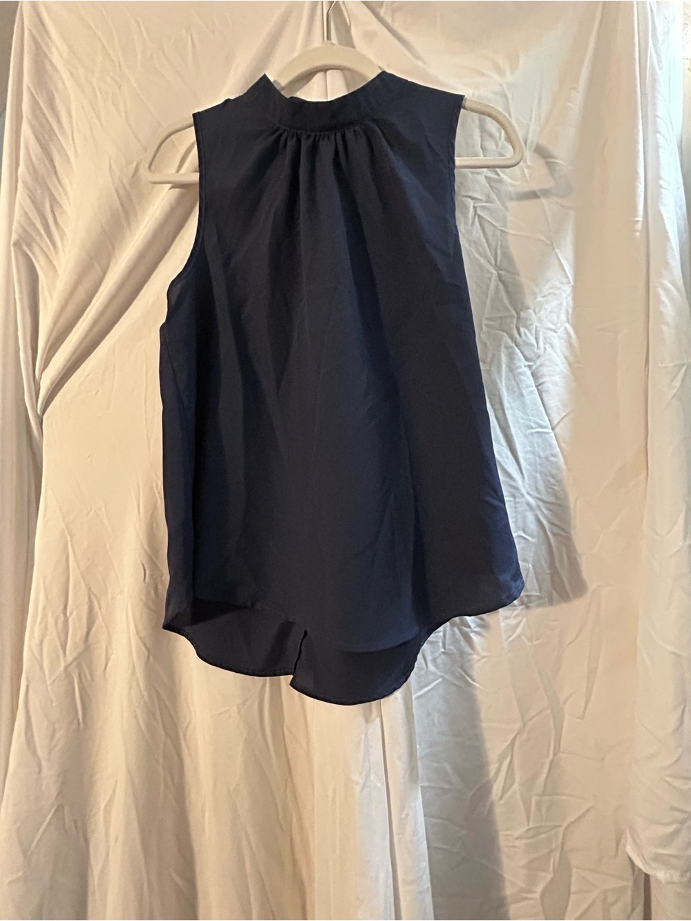 Sienna Sky Sleeveless Navy High-Neck Blouse with Gathered Yoke